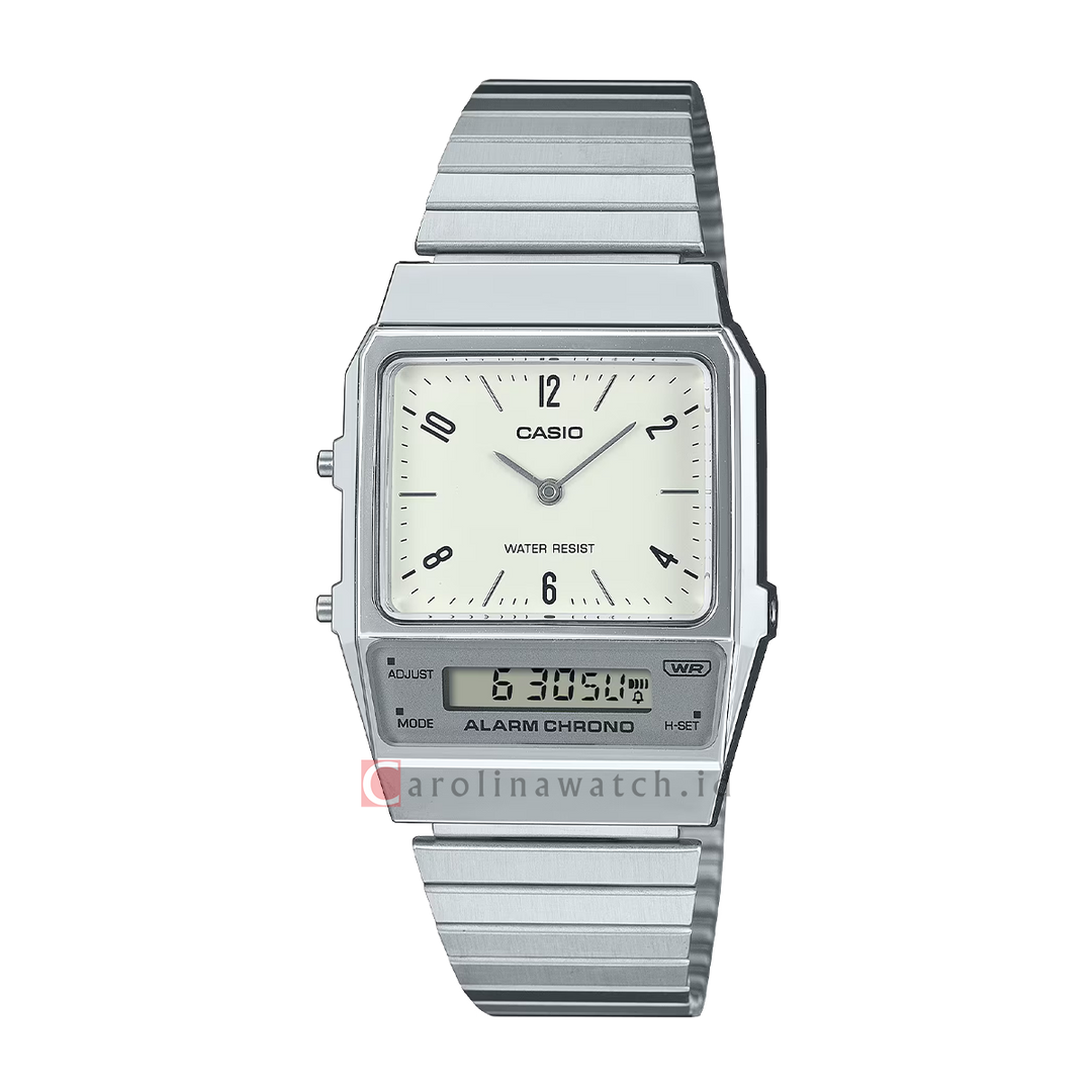 Jam Tangan Casio Vintage AQ-800E-7A2 Unisex White Analog Digital Dial Stainless Steel Band