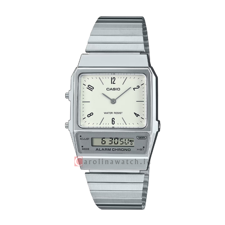 Jam Tangan Casio Vintage AQ-800E-7A2 Unisex White Analog Digital Dial Stainless Steel Band