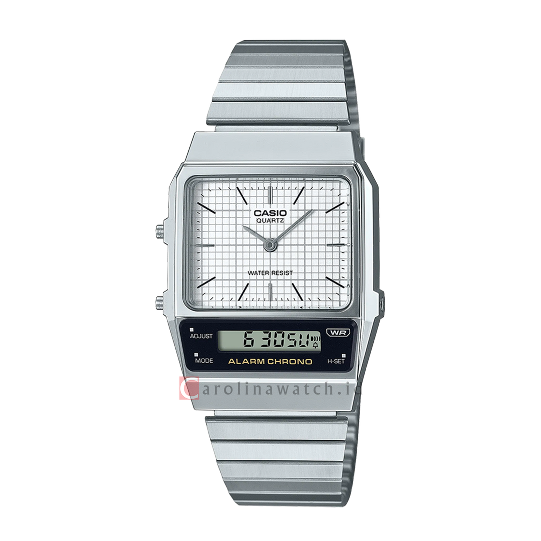 Jam Tangan Casio Vintage AQ-800E-7A Unisex White Analog Digital Dial Stainless Steel Band