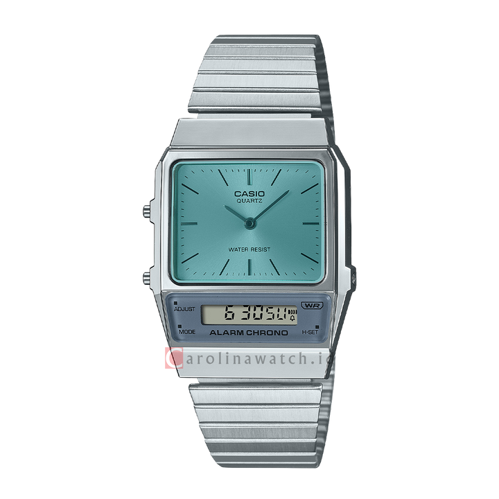 Jam Tangan Casio Vintage AQ-800EC-2A Unisex Turquoise Blue Digital Analog Dial Stainless Steel Band