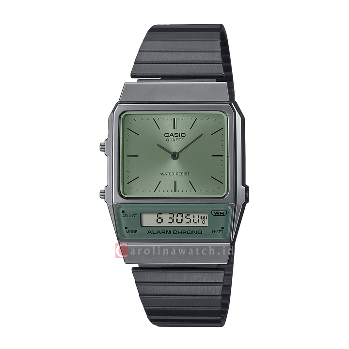 Jam Tangan Casio General AQ-800ECGG-3A Unisex Olive Green Dial Black Stainless Steel Band