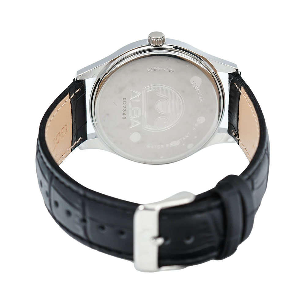 Jam Tangan Alba Prestige ARSZ03X1 Men Silver Dial Black Leather Strap