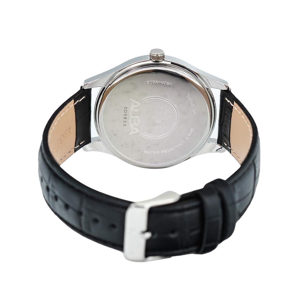 Jam Tangan Alba Prestige ARSZ05X1 Men Black Dial Black Leather Strap