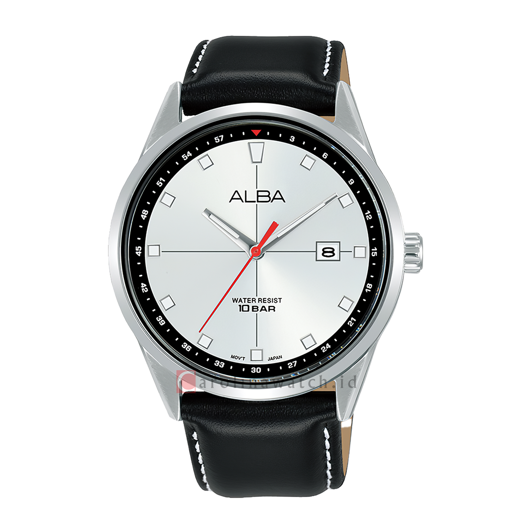 Jam Tangan ALBA Active AS9Q35X1 Men Silver White Dial Black Leather Strap