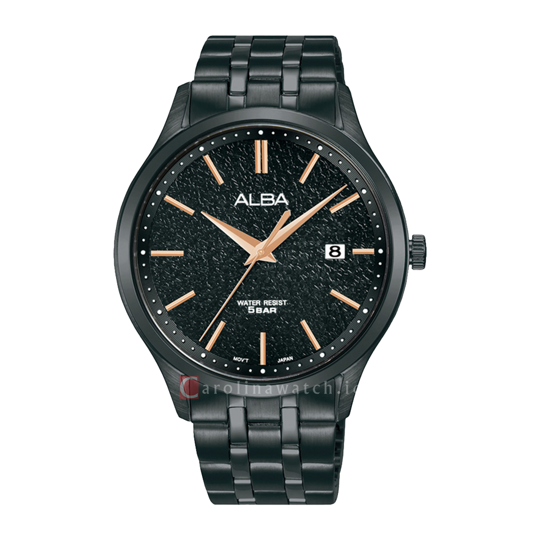 Jam Tangan ALBA Prestige AS9R25X1 Men Black Patterned Dial Black Stainless Steel Strap