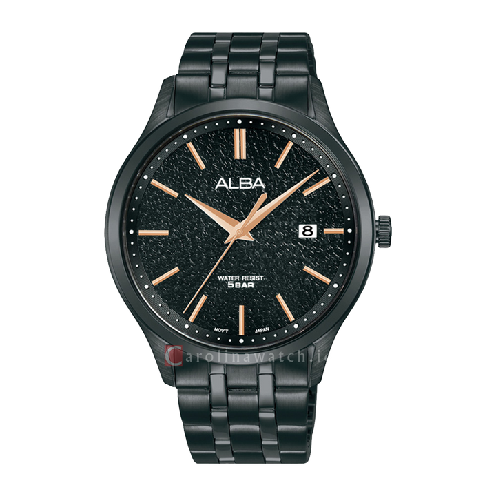 Jam Tangan ALBA Prestige AS9R25X1 Men Black Patterned Dial Black Stainless Steel Strap