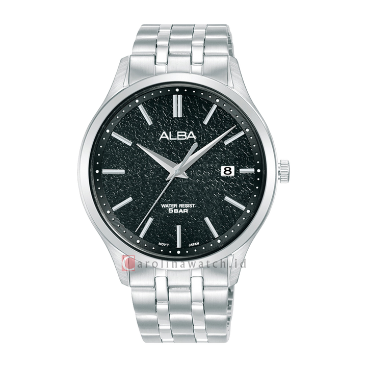Jam Tangan ALBA Prestige AS9R31X1 Men Black Patterned Dial Stainless Steel Strap