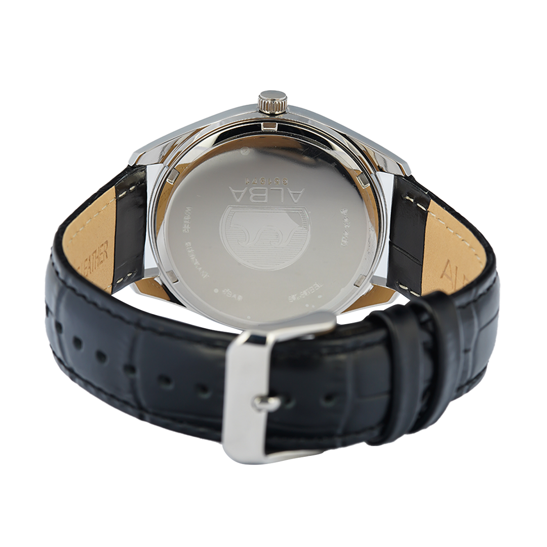Jam Tangan ALBA Prestige AS9S29X1 Men Silver Dial Black Leather Strap