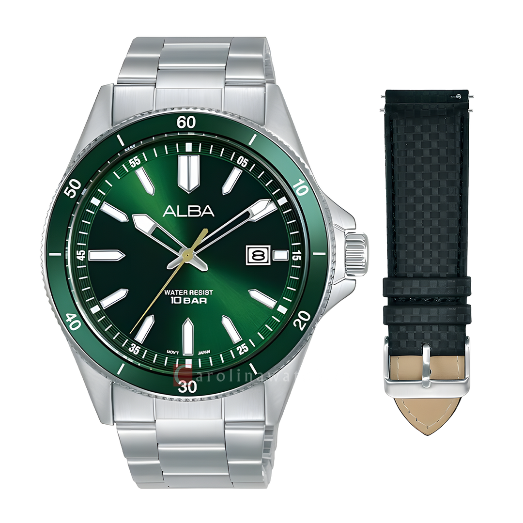 Jam Tangan Alba Active AS9V33X2 Men Green Dial Stainless Steel Wrap Bracelet with Additional Black PU Strap Included