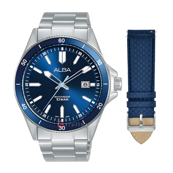 Jam Tangan Alba Active AS9V35X2 Men Blue Dial Stainless Steel Wrap Bracelet with Additional Black PU Strap Included