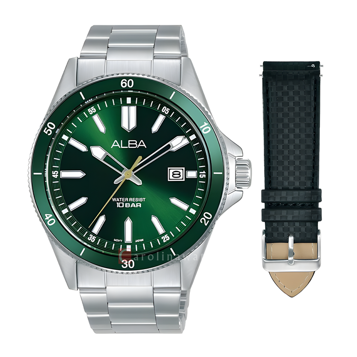 Jam Tangan Alba Active AS9V33X2 Men Green Dial Stainless Steel Wrap Bracelet with Additional Black PU Strap Included