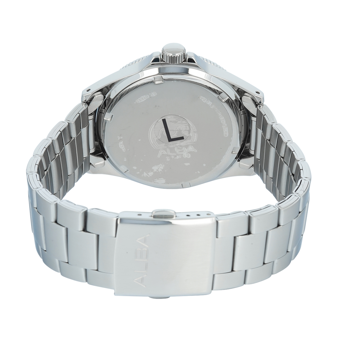 Jam Tangan Alba Active AS9V35X2 Men Blue Dial Stainless Steel Wrap Bracelet with Additional Black PU Strap Included