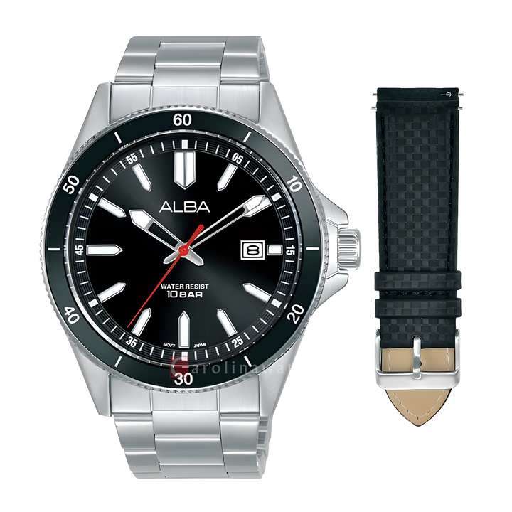 Jam Tangan Alba Active AS9V37X2 Men Black Dial Stainless Steel Wrap Bracelet with Additional Black PU Strap Included