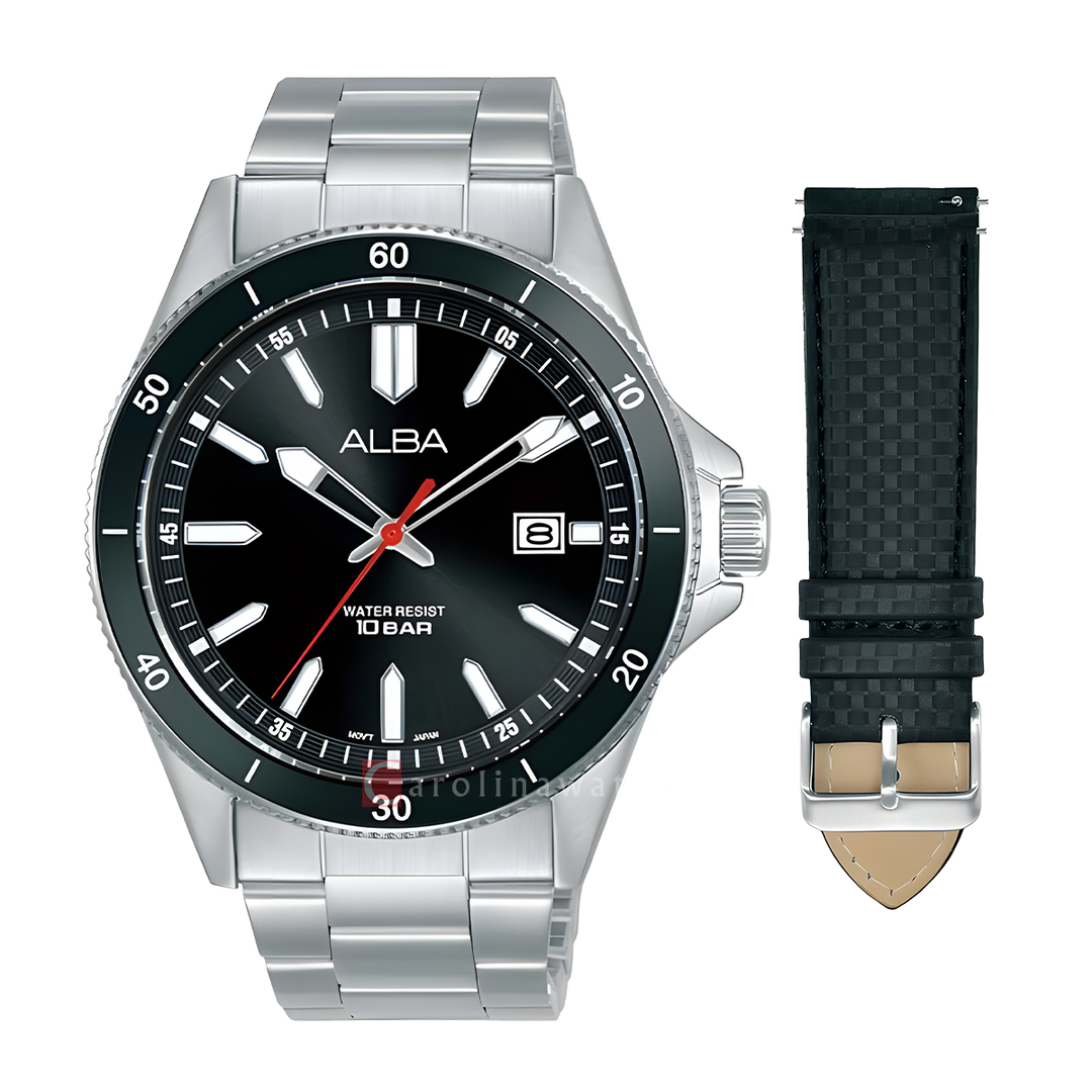 Jam Tangan Alba Active AS9V37X2 Men Black Dial Stainless Steel Wrap Bracelet with Additional Black PU Strap Included