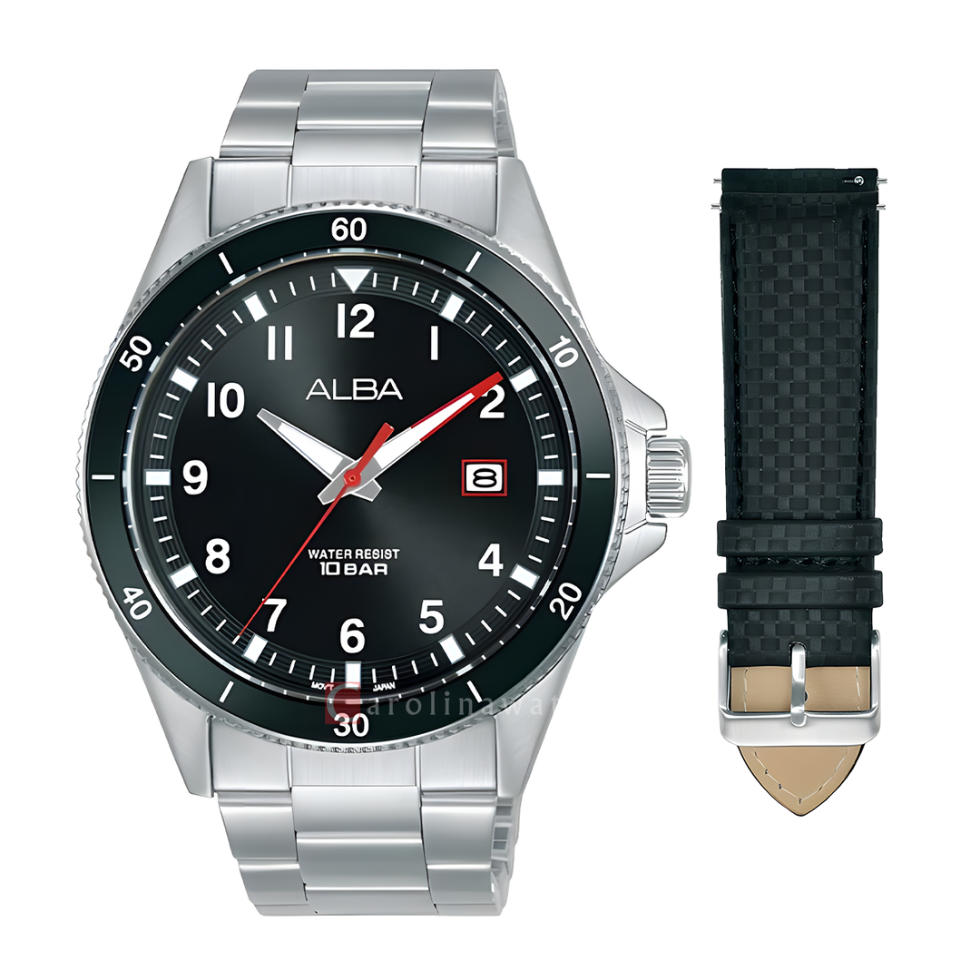 Jam Tangan Alba Active AS9V41X2 Men Black Dial Stainless Steel Wrap Bracelet with Additional Black PU Strap Included