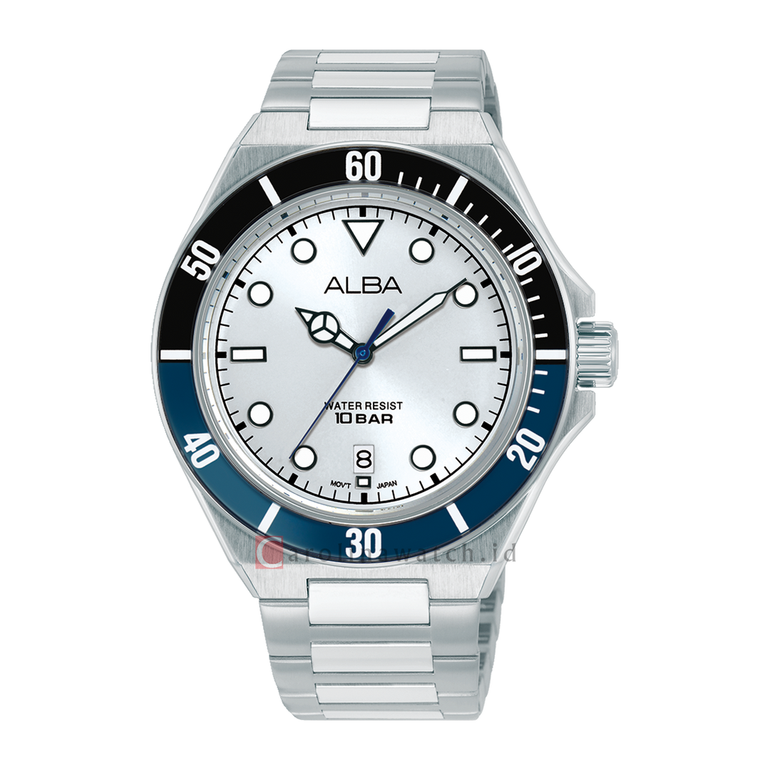 Jam Tangan Alba Active AS9W15X1 Men Silver White Dial Stainless Steel Strap