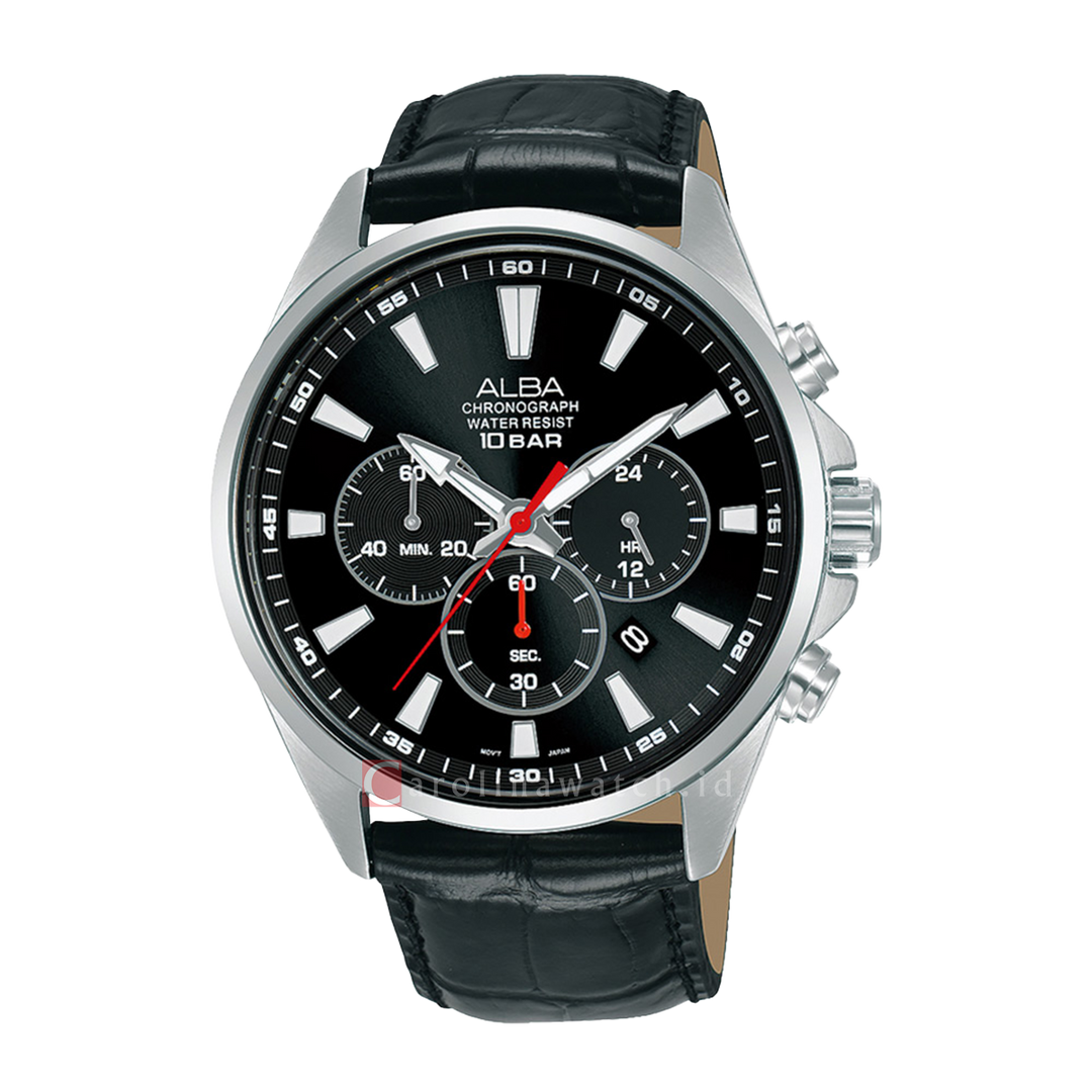 Jam Tangan ALBA Chronograph AT3G59X1 Men Black Dial Black Leather Strap