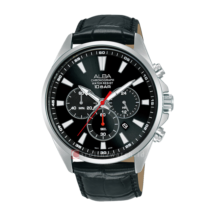 Jam Tangan ALBA Chronograph AT3G59X1 Men Black Dial Black Leather Strap