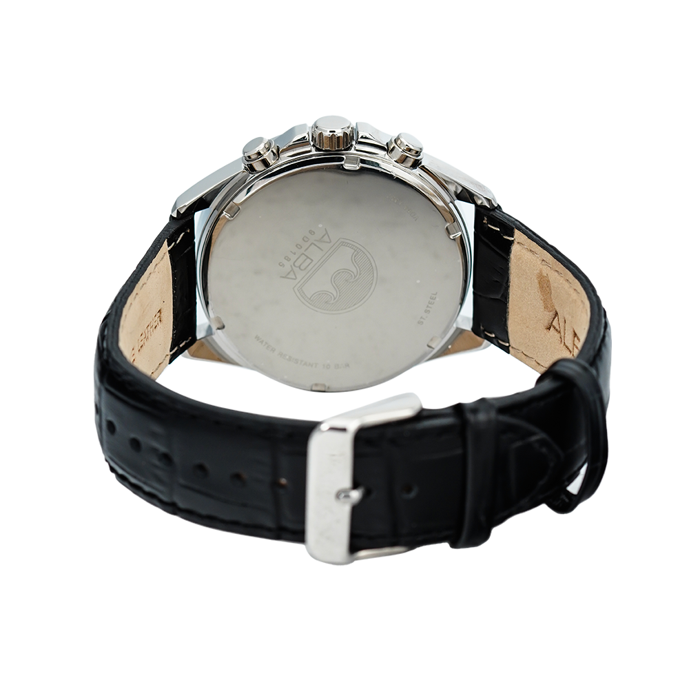 Jam Tangan ALBA Chronograph AT3G59X1 Men Black Dial Black Leather Strap