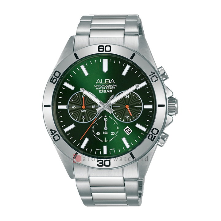 Jam Tangan ALBA Active AT3H21X1 Men Chronograph Green Dial Stainless Steel Strap