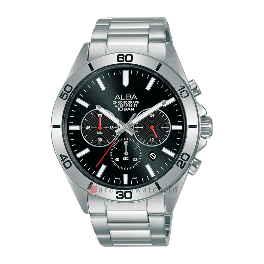 Jam Tangan Alba Active AT3H27X1 Chronograph Men Black Dial Stainless Steel Strap