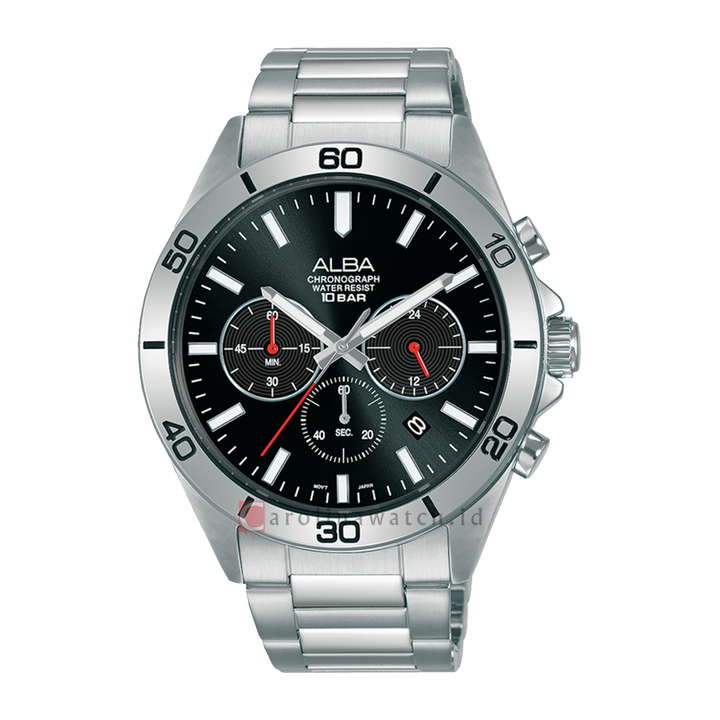Jam Tangan Alba Active AT3H27X1 Chronograph Men Black Dial Stainless Steel Strap
