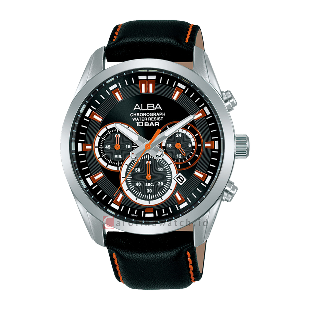 Jam Tangan Alba AT3H65X1 Men Chronograph Black Dial Black Leather Strap
