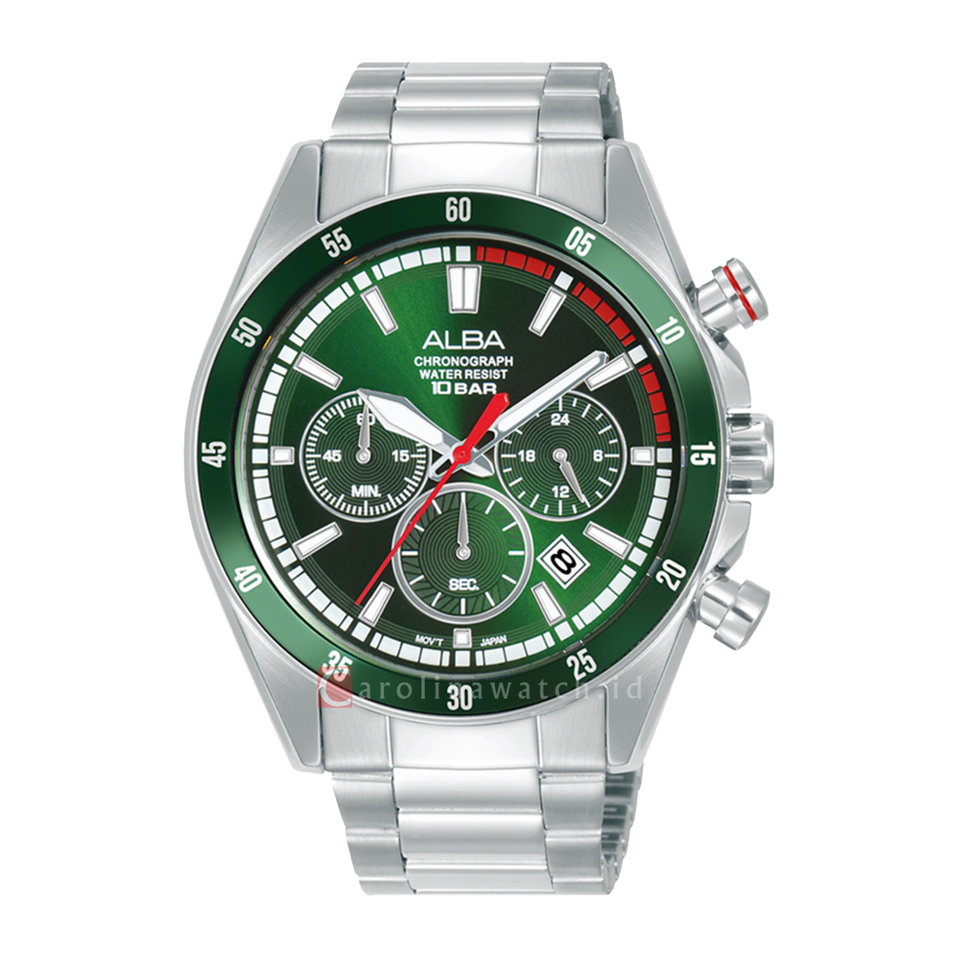 Jam Tangan ALBA Active AT3J25X1 Men Chronograph Green Dial Stainless Steel Strap