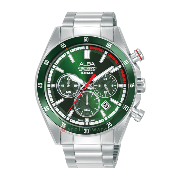 Jam Tangan ALBA Active AT3J25X1 Men Chronograph Green Dial Stainless Steel Strap