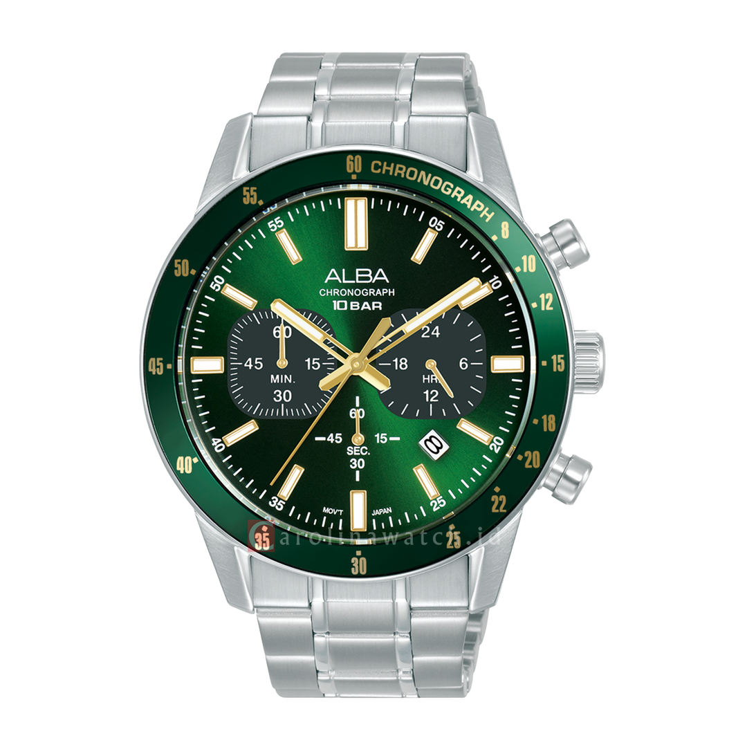 Jam Tangan ALBA AT3J71X1 Men Chronograph Green Dial Stainless Steel Strap