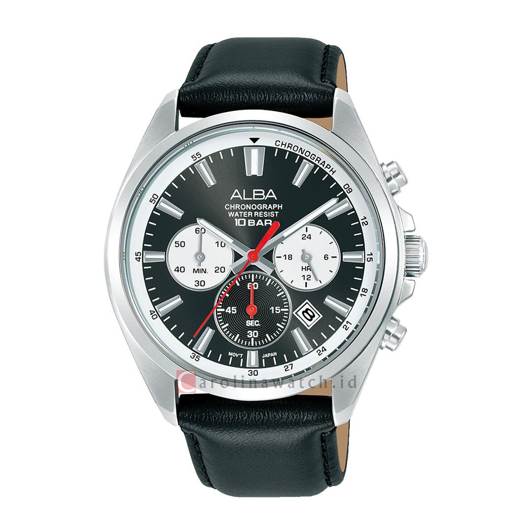 Jam Tangan ALBA Chronograph AT3K37X1 Men Black Dial Black Leather Strap