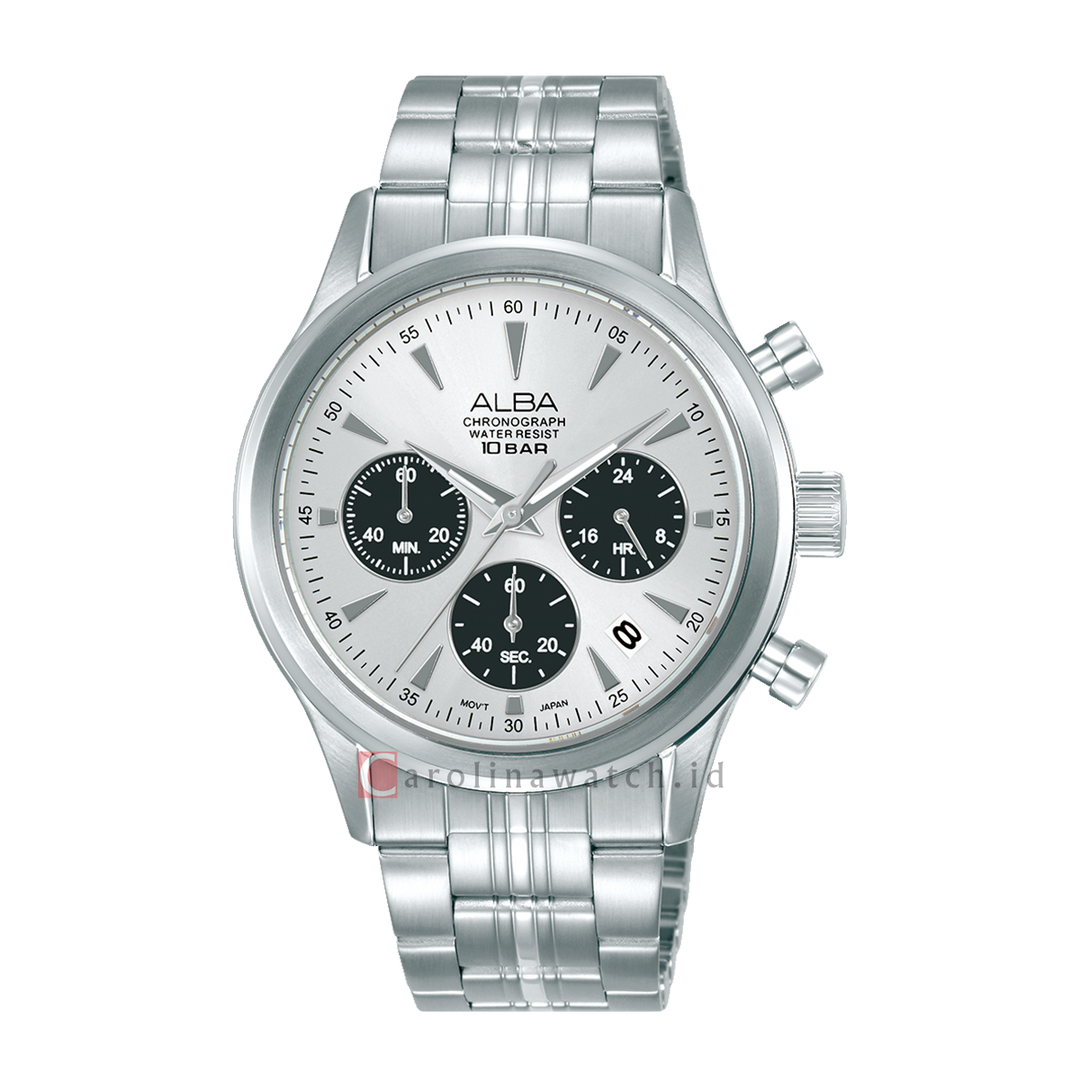 Jam Tangan Alba Prestige AT3K55X1 Men Silver White + Black Dial Stainless Steel Strap