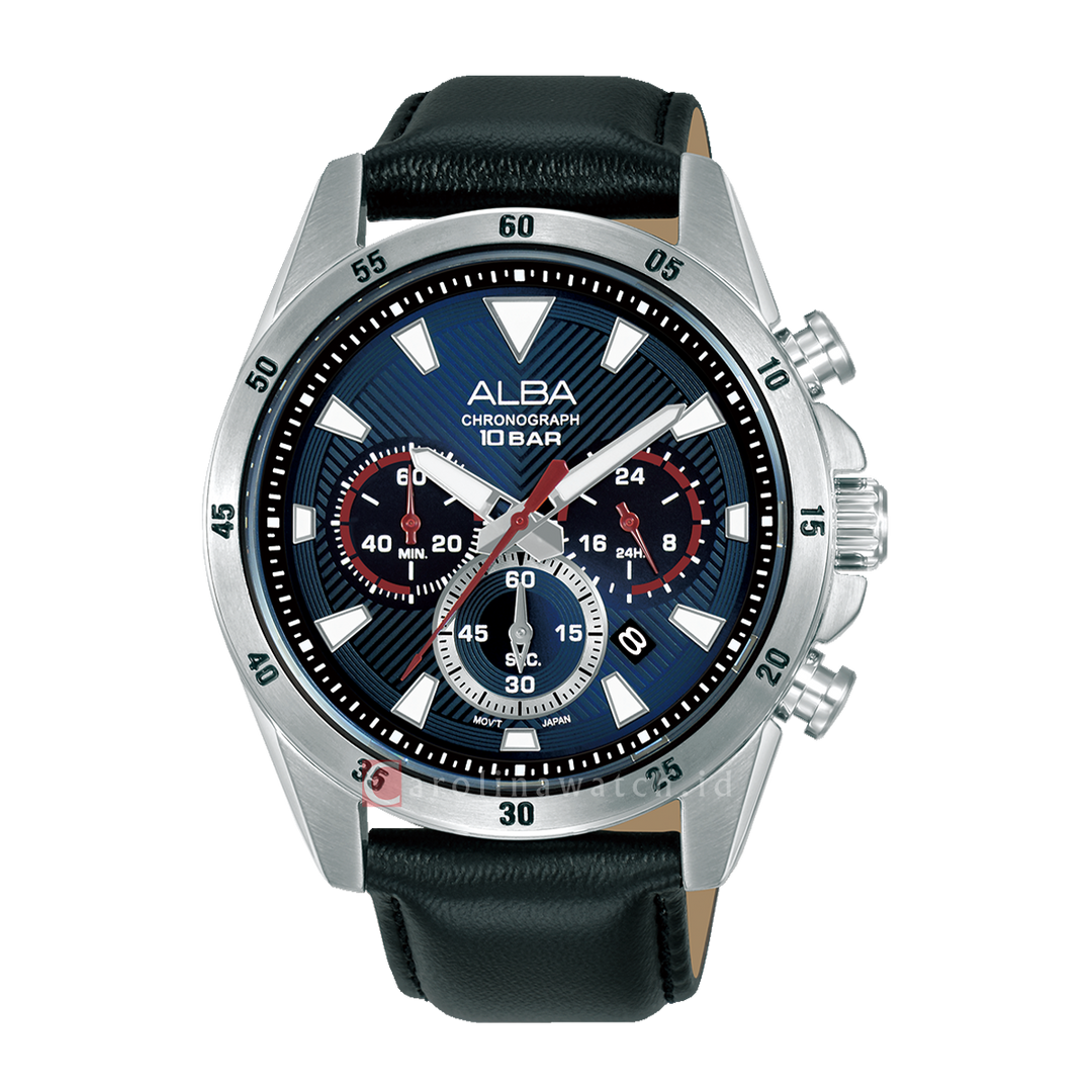 Jam Tangan Alba Active AT3K71X1 Men Blue Dial Black Leather Strap