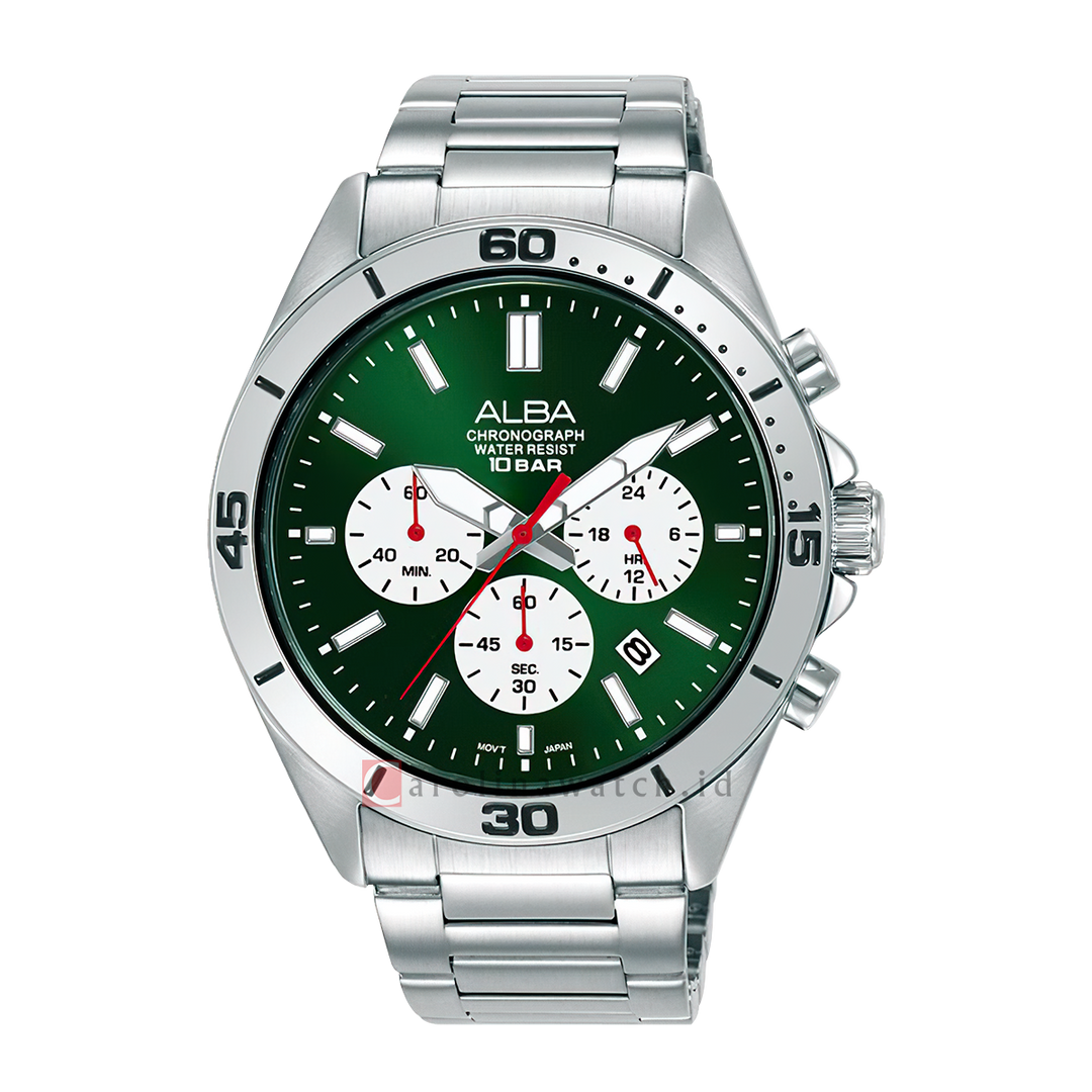 Jam Tangan ALBA AT3K77X1 Chronograph Men Green Dial Stainless Steel Strap
