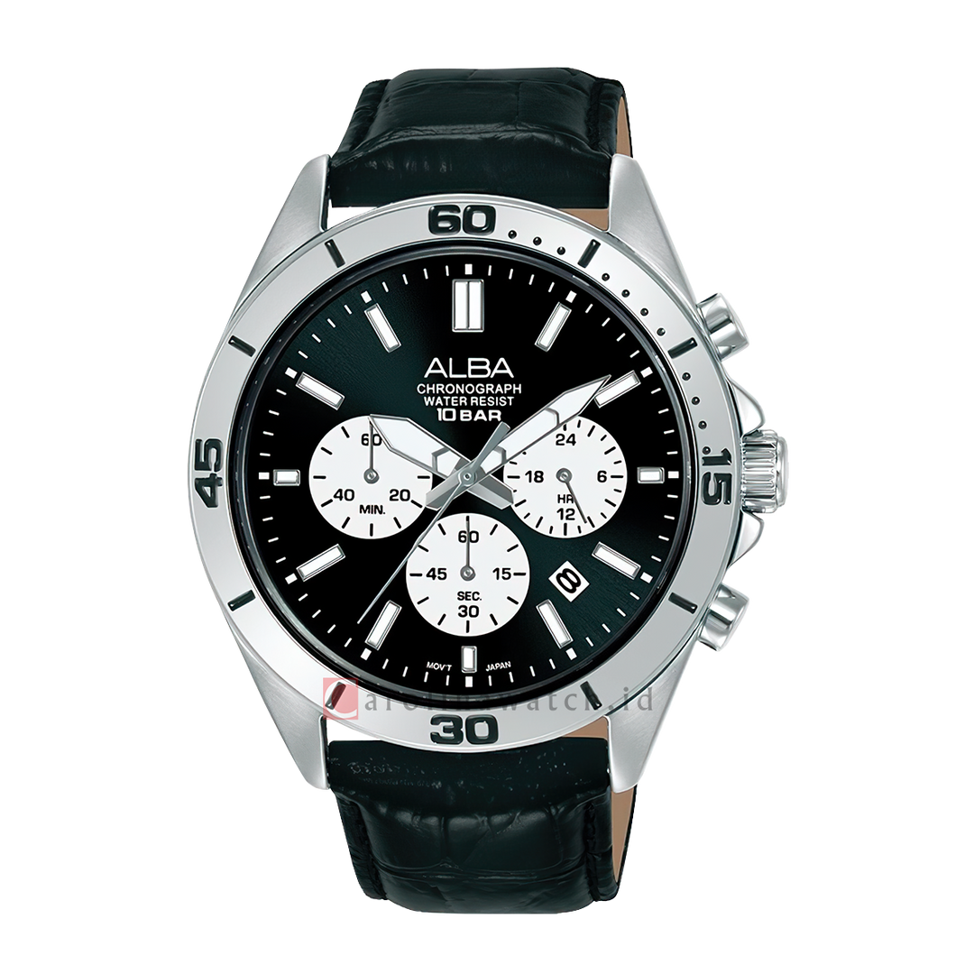 Jam Tangan ALBA AT3K87X1 Chronograph Men Black Dial Black Leather Strap