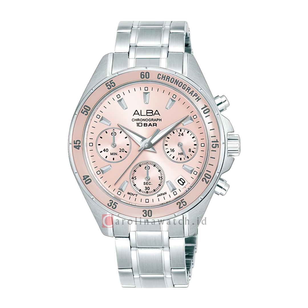 Jam Tangan ALBA AT3K95X1 Chronograph Women Pink Dial Stainless Steel Strap