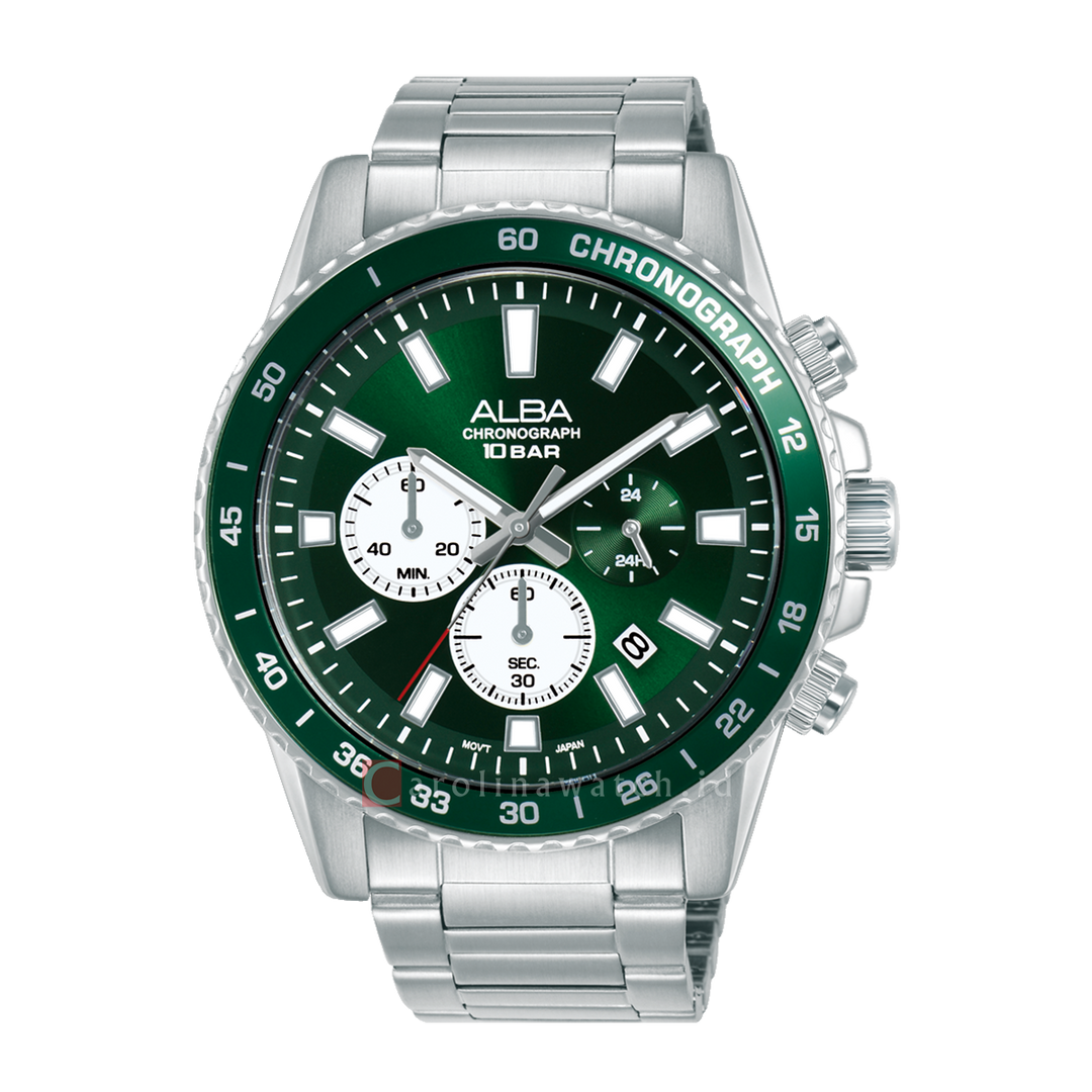 Jam Tangan Alba Active AT3L13X1 Chronograph Men Green Dial Stainless Steel Strap