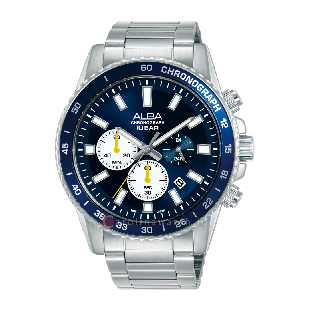 Jam Tangan Alba Active AT3L15X1 Chronograph Men Blue Dial Stainless Steel Strap