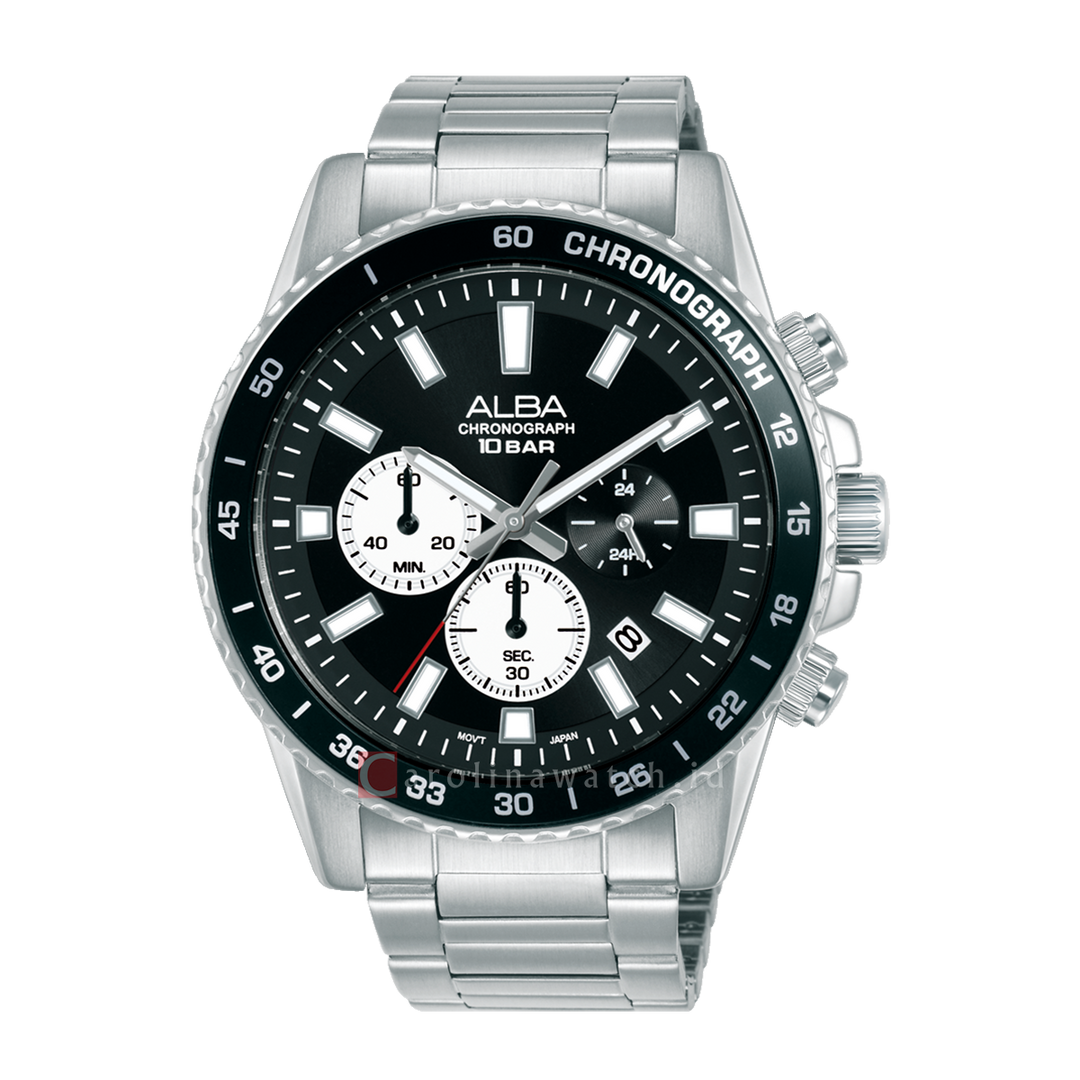 Jam Tangan Alba Active AT3L17X1 Chronograph Men Black Dial Stainless Steel Strap