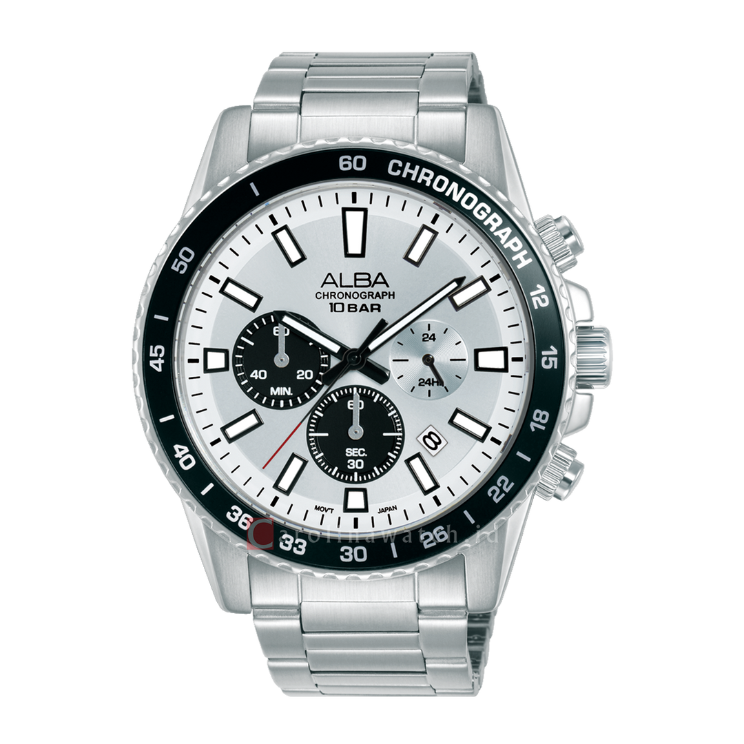 Jam Tangan Alba Active AT3L19X1 Chronograph Men Silver White Dial Stainless Steel Strap