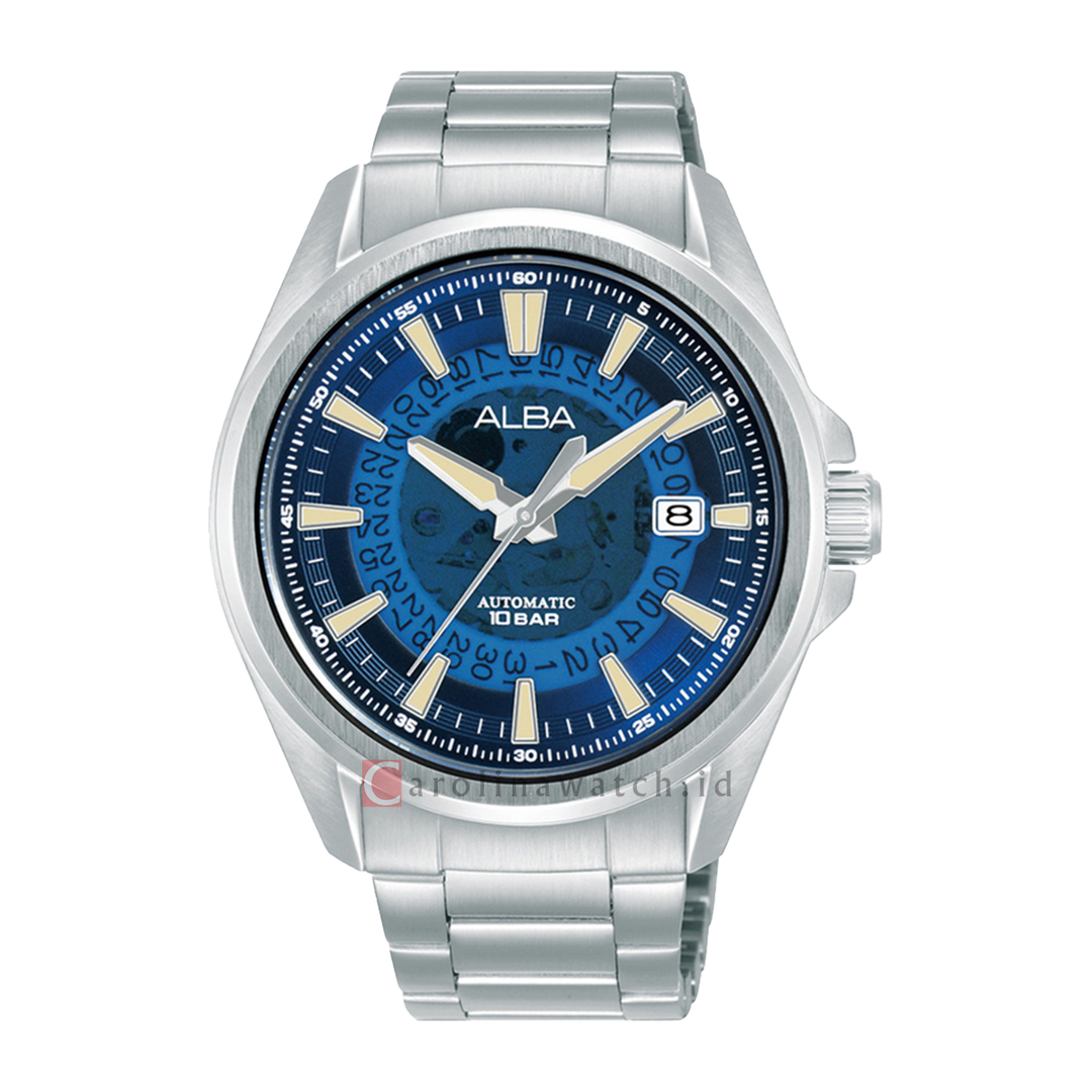 Jam Tangan Alba Mechanical AU4029X1 Automatic Men Blue Translucent Layered Dial Stainless Steel Strap