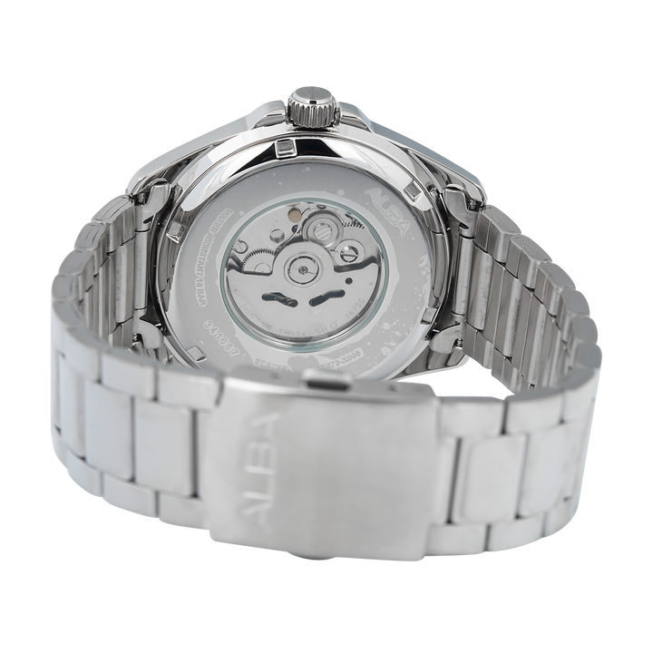 Jam Tangan Alba Mechanical AU4029X1 Automatic Men Blue Translucent Layered Dial Stainless Steel Strap