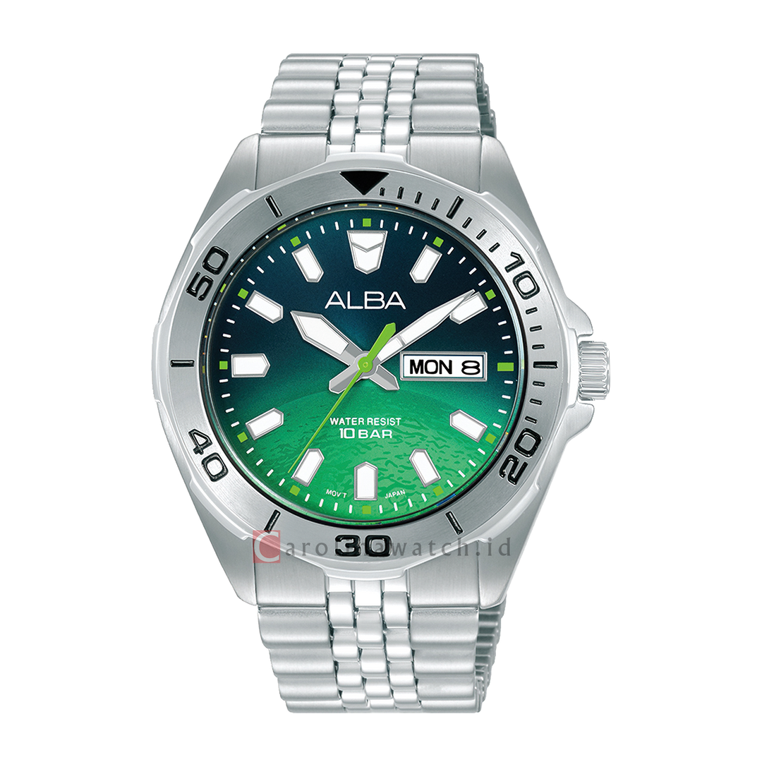 Jam Tangan ALBA Active Planet AV3579X1 Men Black & Green Dial Stainless Steel Strap