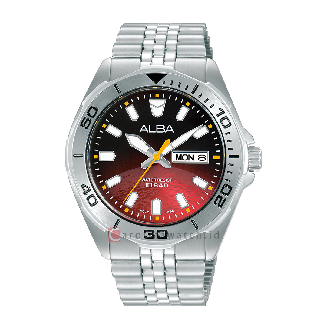 Jam Tangan ALBA Active Planet AV3581X1 Men Black & Red Dial Stainless Steel Strap