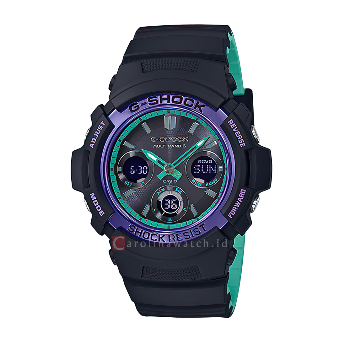 Jam Tangan Casio G-Shock AWG-M100SBL-1A Men Blue Purple Tough Solar Digital Analog Dial Black Resin Band