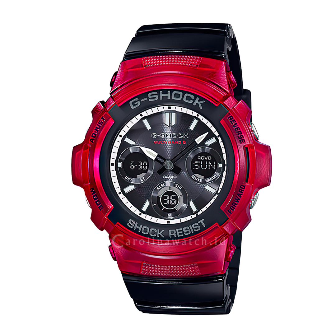 Jam Tangan Casio G-Shock AWG-M100SRB-4A Men Red Black and White RB Series Multiband 6 Black Dial Black Resin Band