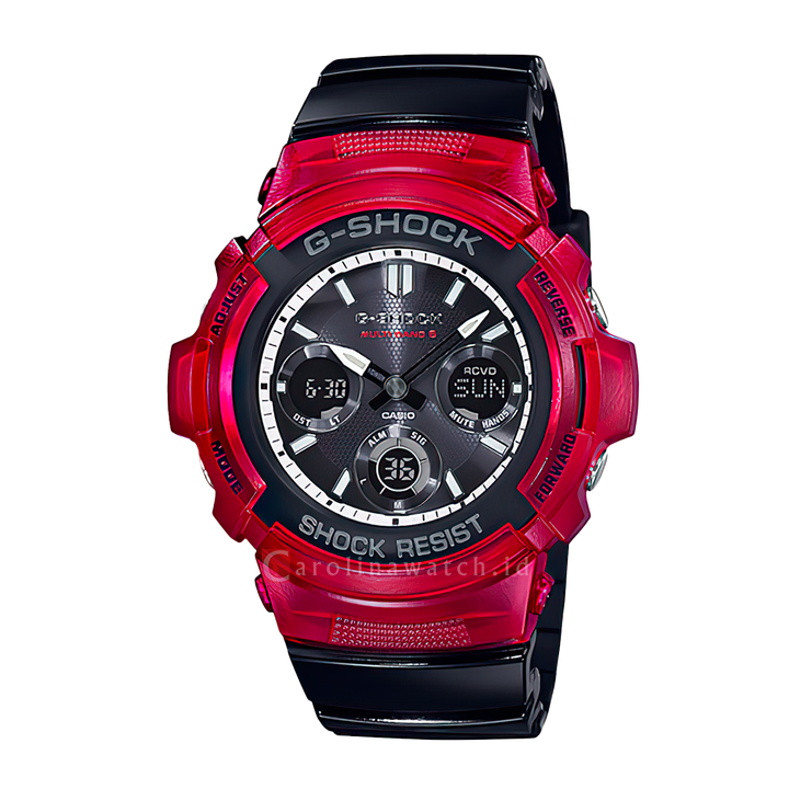 Jam Tangan Casio G-Shock AWG-M100SRB-4A Men Red Black and White RB Series Multiband 6 Black Dial Black Resin Band