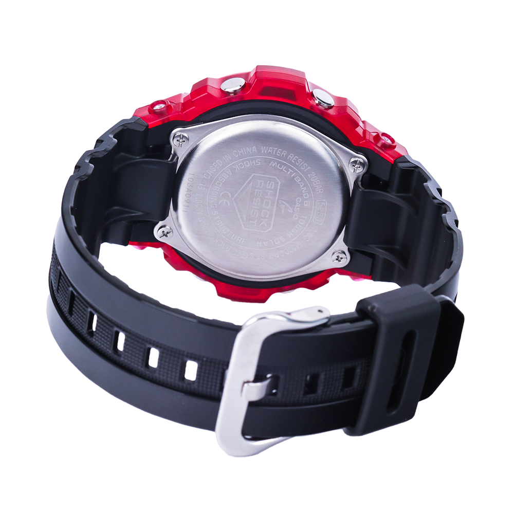 Jam Tangan Casio G-Shock AWG-M100SRB-4A Men Red Black and White RB Series Multiband 6 Black Dial Black Resin Band