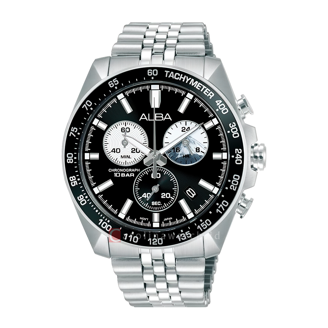 Jam Tangan ALBA AX7025X1 Chronograph Men Black Dial Stainless Steel Strap
