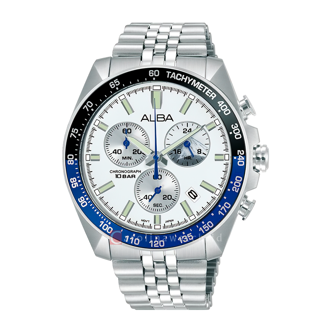 Jam Tangan ALBA AX7029X1 Chronograph Men White Dial Stainless Steel Strap